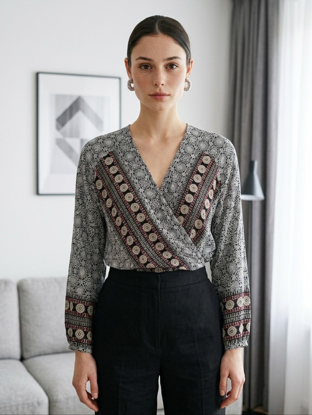 Umgee Boho Print Wrap Blouse with Red Accents